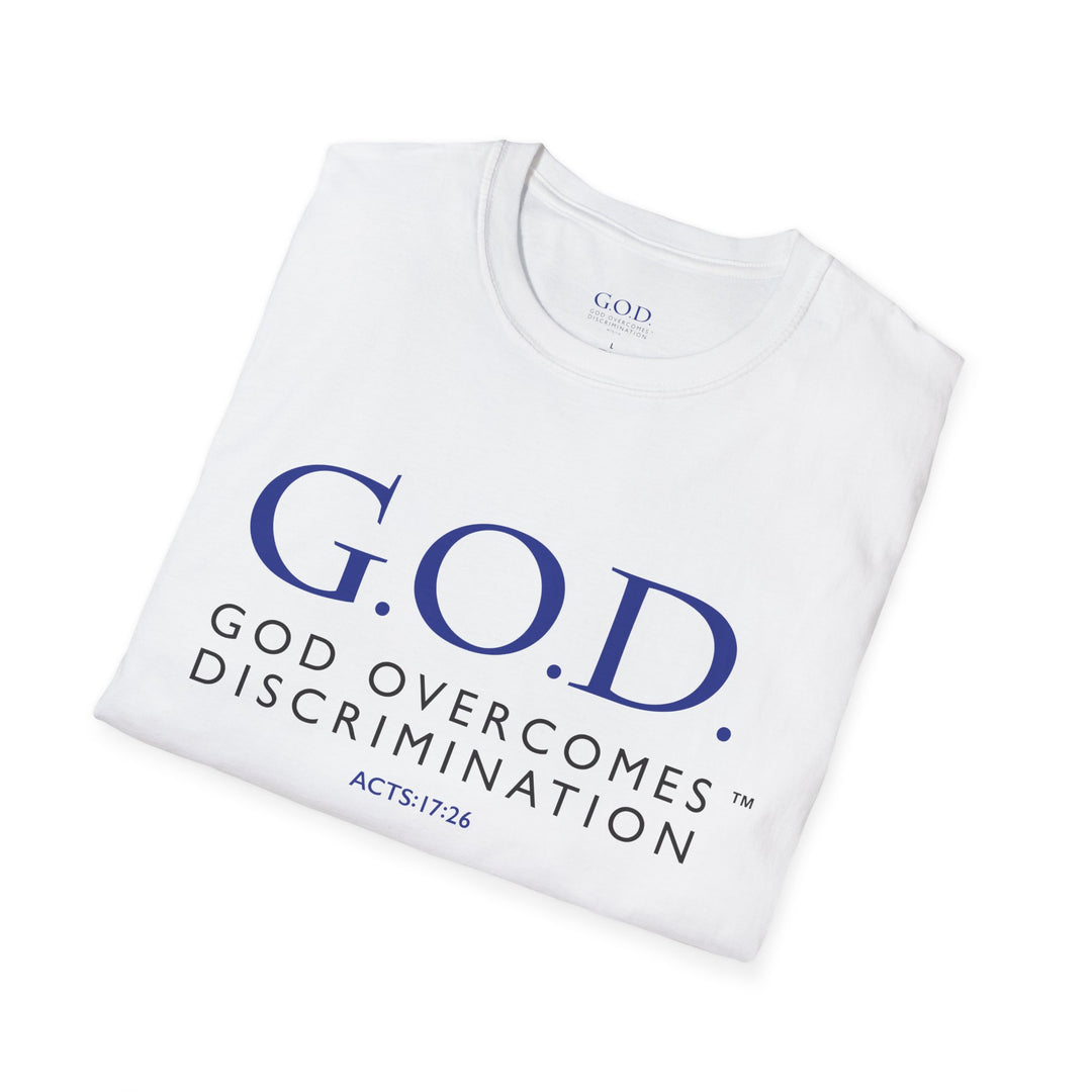 God Overcomes Discrimination  Unisex Softstyle T-Shirt Design 1