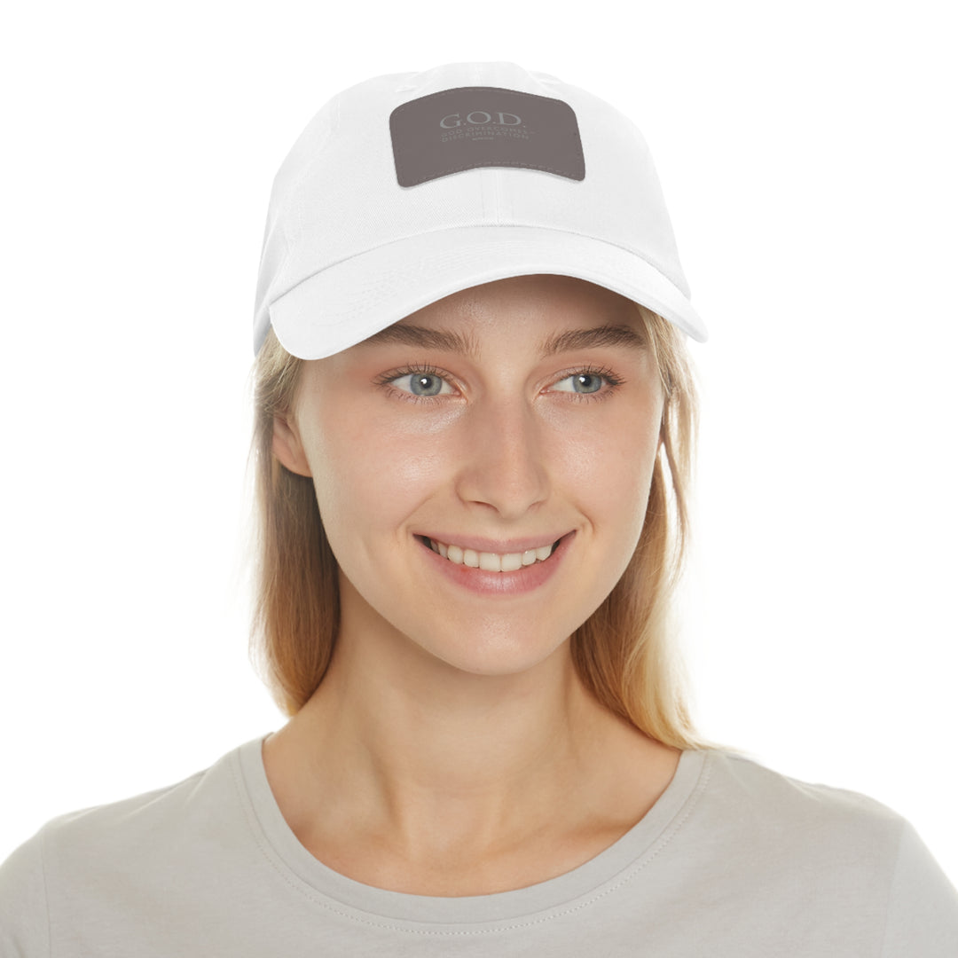 God Overcomes Discrimination Dad Hat with Leather Patch (Rectangle)